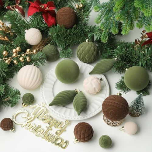 52pcs Velvet Christmas Ball Ornaments, Flocked Shatterproof Christmas Tree Decorations Hanging Xmas Decorative Ornaments Set for Home Party Holiday Decor(Brown Cream Green)