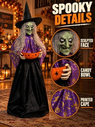 Halloween Witch Animatronic with Candy Bowl, Moving Head & Mouth, Sound