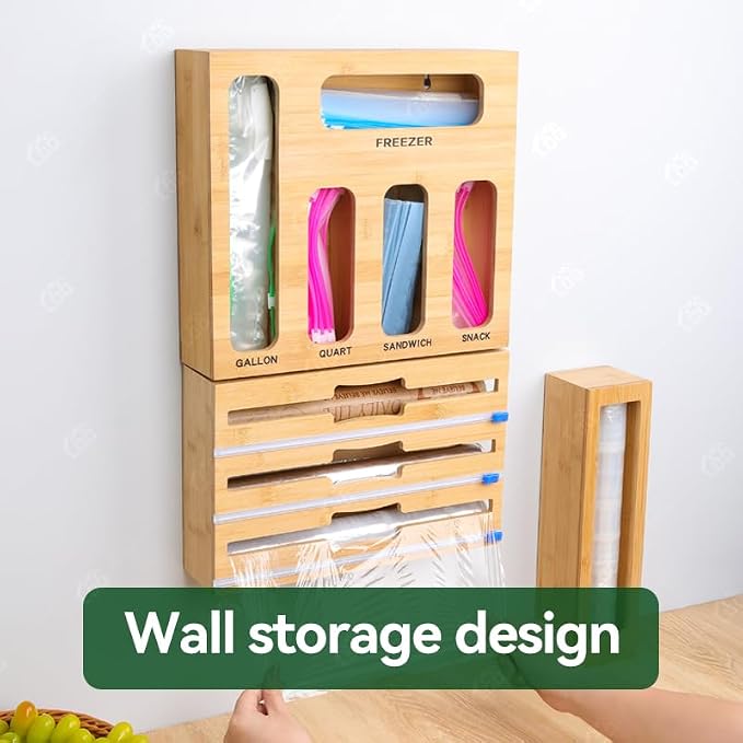 LDQ 9-in-1 Shatterproof Square Bamboo Storage Box - Aluminum Foil Dispensr with Cutter, Reusable Quarter Multi-Functional Sealed Bag Organizer for Kitchen Drawers, Walls, and Cabinetse
