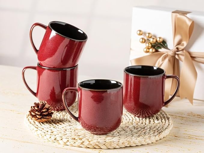 LERATIO Ceramic Coffee Mugs Set of 6,12oz Handmade Coffee Mugs Set | Large Handle for Cappuccino/Latte/Tea/Hot Cocoa,Oven &Dishwasher & Microwave Safe-Red