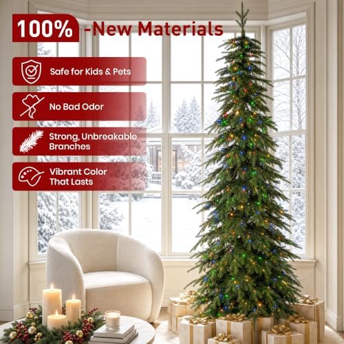 Glitzhome Prelit Christmas Tree, 9ft Pencil Artificial Christmas Tree with 580 Warm White & Multi-Color LED Lights, 9 Function w/Remote, Simple Setup, Chicago Evergreen Spruce for Home Holiday Décor