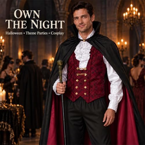 Men's Vampire Costume, Deluxe 4-Piece Dracula Outfit, for Adult Halloween Gothic Party