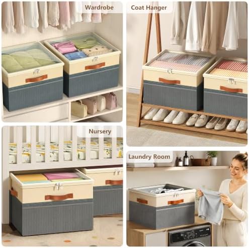Shoe Organizer for Closet, 2 Pack Foldable Shoe Storage Organizer Box Bin with Adjustable Dividers and Clear Cover, Fits up to 16-32 Pairs（Grey&Beige）