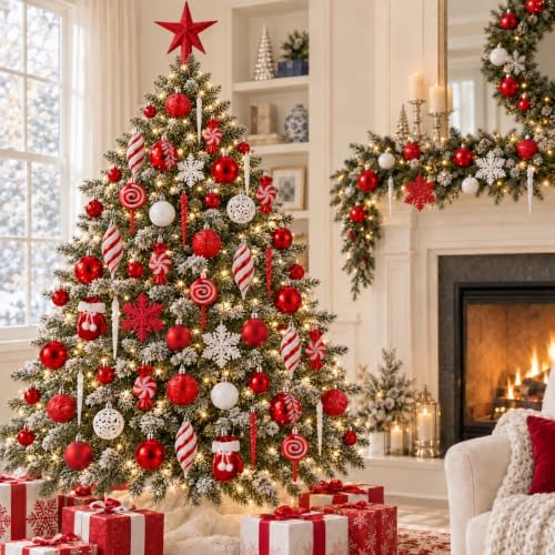130 Pcs Red & White Christmas Ball Ornaments, Shatterproof | Assorted Christmas Tree Decorations with Matte, Glitter and Shiny Finishes, Hanging Loops for Wreaths and Garlands