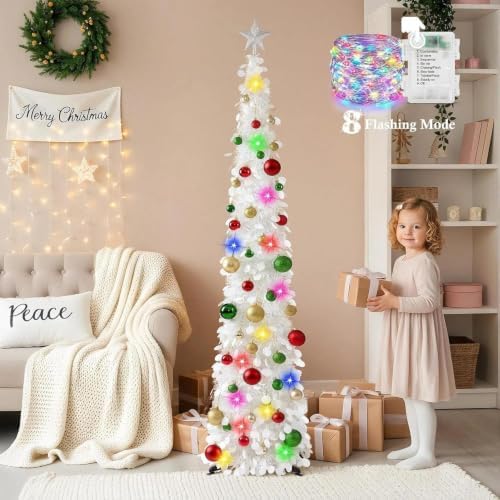 N&T NIETING Pop Up Christmas Tree with Lights & Ornaments, 6FT, White