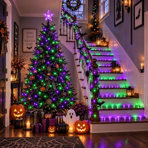 OZS Connectable 2-Pack 164Ft 400LED Halloween String Lights, Purple&Green