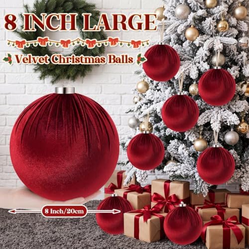 Weysat 6 PCS 8" Extra Large Velvet Christmas Ball Ornaments, Burgundy