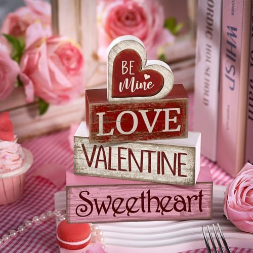 Lineshading 4 Pcs Valentines Day Table Decorations, Be Mine Wood Heart Sign