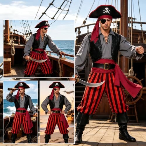 9pcs Adult Halloween Pirate Costume for Men with Accessories
