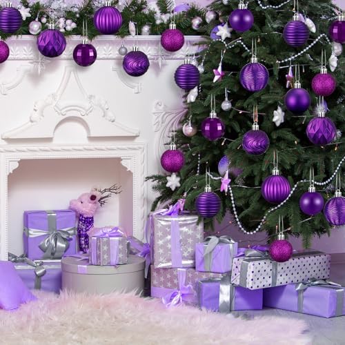 Lunmon 64 Pcs Purple Christmas Ball Ornaments 1.57/1.97/2.36 Inch