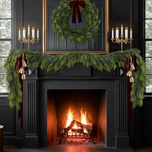 N&T NIETING 9FT Christmas Norfolk Pine Garland Real Touch Artificial Greenery Garlands Faux Winter Garland for Mantle Fireplace Table Stair Front Door Indoor Outdoor Holiday Xmas Decorations (1 Pcs)
