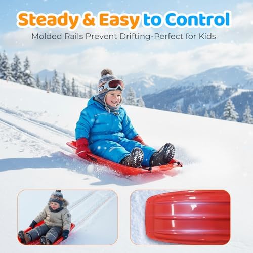 Snow Sled for Kids: 35", Cold-Resistant, Anti-lateral Drift, Included Rope, One Handle per Side, Fast, Stable, Stackable, Easy to Carry, Toboggan Sleds for Snow Days