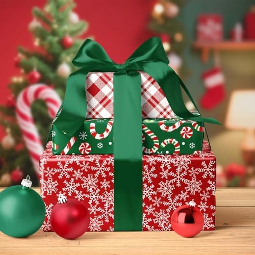 LaRibbons Reversible Christmas Wrapping Paper, White Dots Snowflakes on Red
