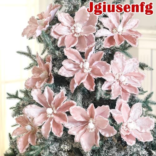 Thiccywoov 8 Pack Large 12'' Christmas Velvet Magnolia Flowers, Pink