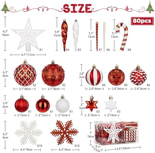 Briful 80ct Red & White Christmas Balls Ornament Set, Plastic Shatterproof Christmas Ornament Balls with Tree Topper Candy Canes Snowflakes for Xmas Tree Wreath Garland Decor