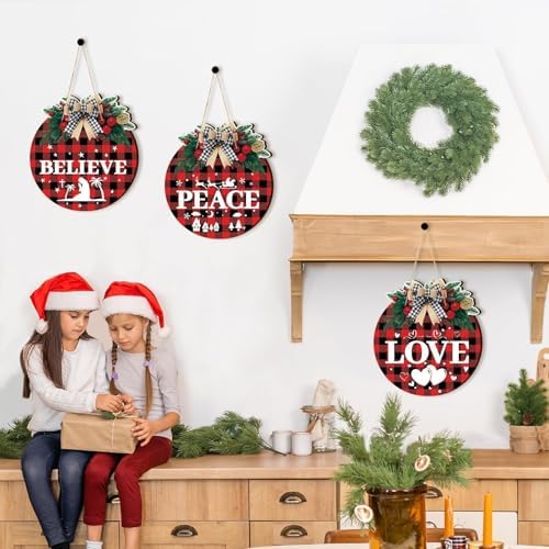 Nativity Christmas Signs, Christian Door Hanging Decor, Buffalo Plaid, 6-Pc