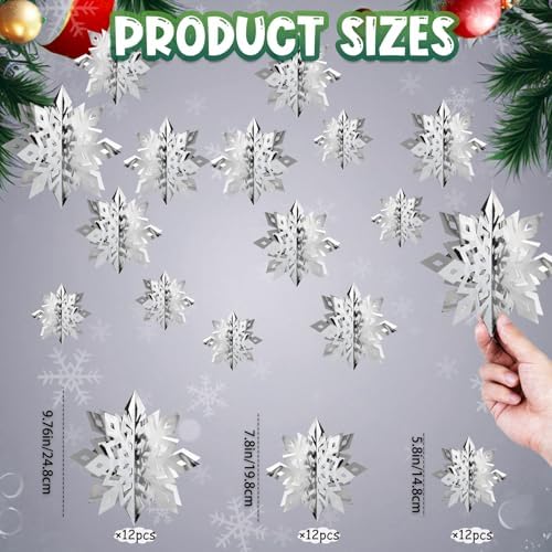 Snowflake Decorations, Paper Christmas Hanging Decor Indoor, Silver, 36-Pc