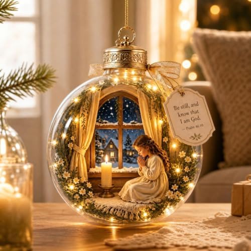 Illuminated Scripture Keepsake Ornament, Lighted Hanging Decoration with Bible Verse, Religious Themed Holiday Ornament, Transparant Ball with 2D Flat Sheet for Christmas Tree Home Display，H