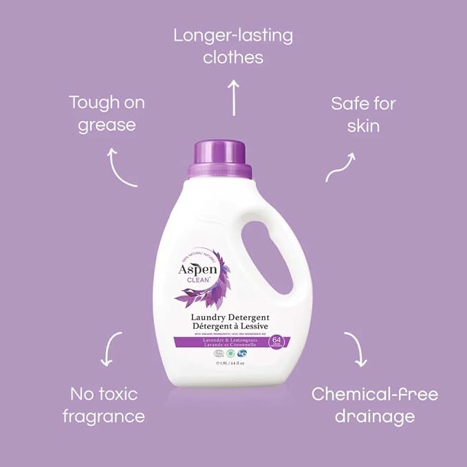 AspenClean | HE Liquid Laundry Detergent | Lavender and Lemongrass | Non - Toxic | 100% Natural | EWG Verified | Safe for Babies, Pets & Kids | 64 fl oz