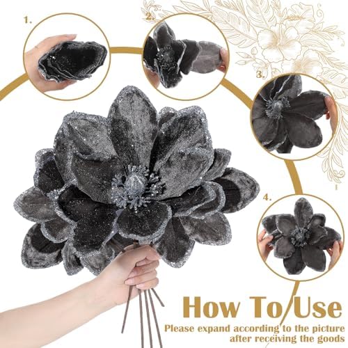 Thiccywoov 8 Pack Large 12'' Christmas Velvet Magnolia Flowers, Grey