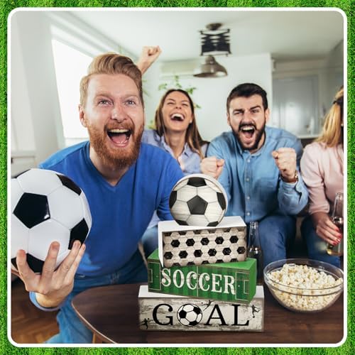 Moucuny 4 Pcs Soccer Table Decorations Farmhouse Soccer Wooden Block Signs