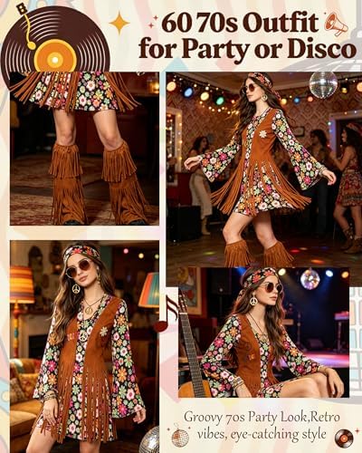 kasahara 60s 70s Outfit for Women Hippie Dress Clothes Boho Disco Costume with Hippie Headband Necklace Earrings Bracelet