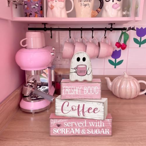 Moucuny 4 Pcs Pink Halloween Table Decorations Coffee Ghost Wooden Blocks