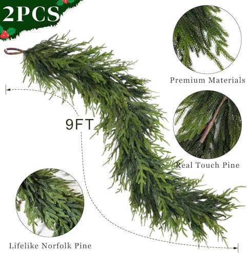 Artificial Christmas Norfolk Pine Garland for Mantle Decor (9 FT,2 PCS)