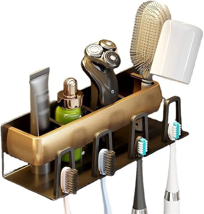Toothbrush Rack Toothbrush Holder Wall-Mounted Bathroom Storage Rack 4 Toothbrush Slots, Punch-Free Multi-Function Toothbrush Holder Bathroom Toothbrush Holder(A)