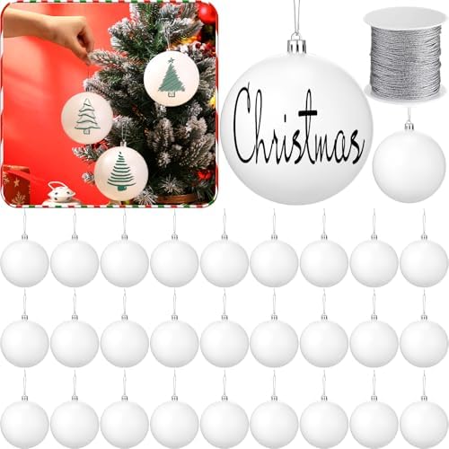 Wettarn 50 Pcs 4 Inch Christmas Ball Ornaments with Lid Rope, White
