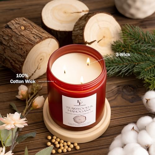 Teakwood & Mahogany Large Christmas Scented Candle, 3-Wick 22oz Long Lasting Scented Candle, Natural Soy Wax Aromatherapy Candle for Home, Holiday Candle Gifts for Women Men