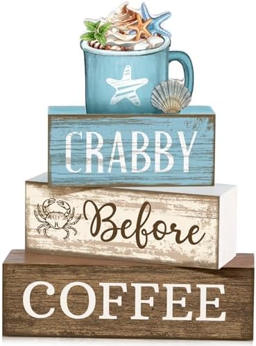 Lineshading 4 Pcs Coffee Beach Decor Wooden Blocks, Coastal Tiered Tray