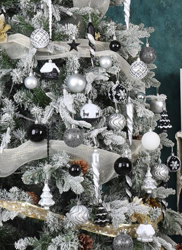 124Ct Black White and Silver Halloween Christmas Ornaments Set, Elegant Shatterproof Assorted Christmas Tree Decorations Snowflake Icicle House Ball Ornaments Baubles for Holiday (Black White Silver)