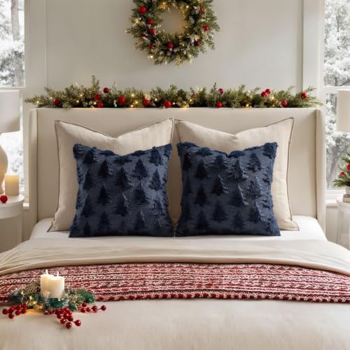 MIULEE Christmas Throw Pillow Covers Navy Blue Christmas Decorations Set of 2 Xmas Tree 18x18 Pillow Covers Soft Plush Faux Wool Pillowcases Holiday Festivals Winter Home Decor Sofa Couch Bed Porch