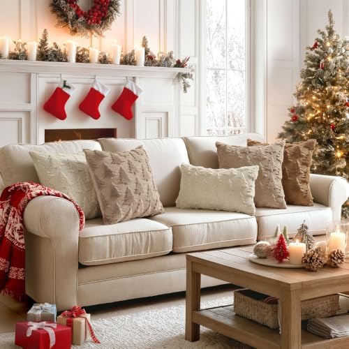 MIULEE Christmas Throw Pillow Covers Light Brown Christmas Decorations Set of 2 Xmas Tree 18x18 Pillow Covers Soft Plush Faux Wool Pillowcases Holiday Festivals Winter Home Decor Sofa Couch Bed Porch