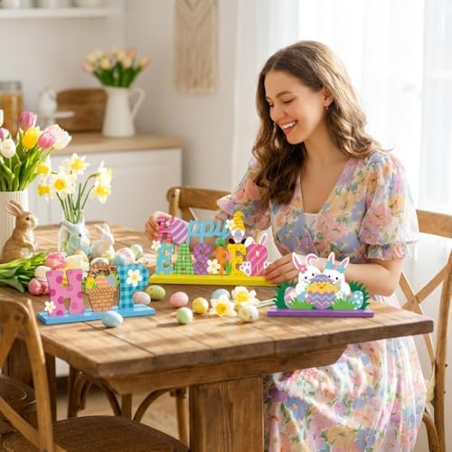 3Pcs Fall Decorations, Wooden Table Decor for Thanksgiving (Happy Easter)