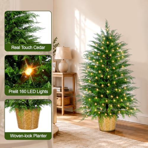 ENVEN 4FT Prelit Artificial Cedar Christmas Tree with Lights Plug in Power, Faux Cedar Potted Christmas Tree in Decorative Wicker Basket, Realistic Indoor Outdoor Holiday Decoration
