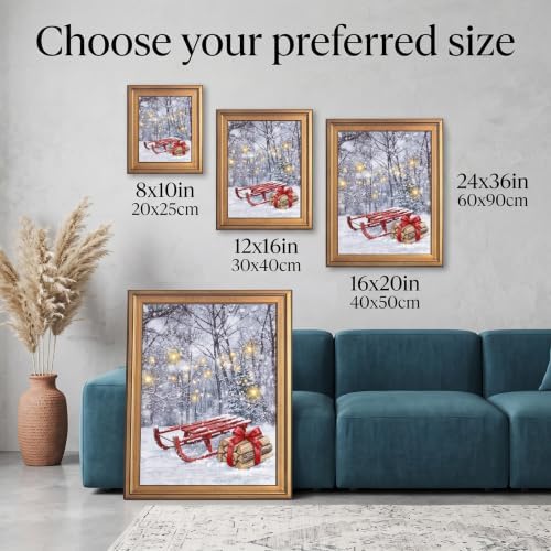 Framed Red Sled in Snowy Forest Art Print in Gold Frame Inch 16x20
