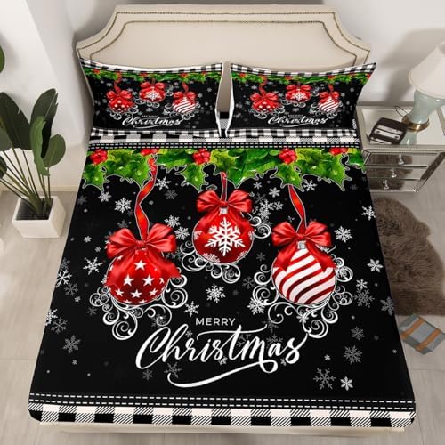 Castle Fairy Merry Christmas Sheet Set Kids Boys Girls Christmas Decorations Fitted Sheets Set Full Size Black and White Square Bedding Sheet Sets Includes 1 Flat Sheet,1 Fitted Sheet,2 Pillowcases