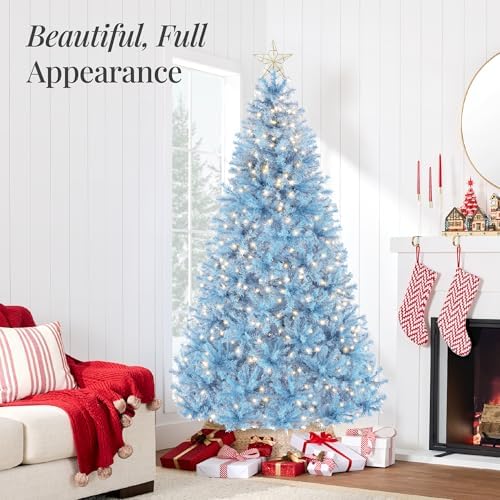 Best Choice Products 6ft Pre-Lit Baby Blue Christmas Tree, Full Artificial Holiday Decoration w/ 947 Branch Tips, 250 Lights, Foldable Base