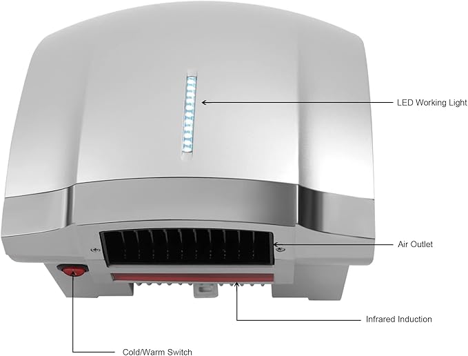 Commercial Hand Dryer, 1800W Automatic Electric High Speed Hand Air Dryer, 110V Low Noise Hand Dryer with Dual Control of Hot and Cold for Home, Restrooms, Public Places(Silver)