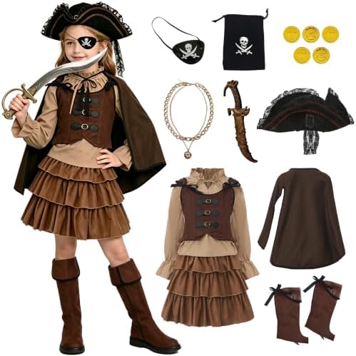 11 Pcs Viking Pirate Costume Girls Renaissance Medieval Costume for Kids