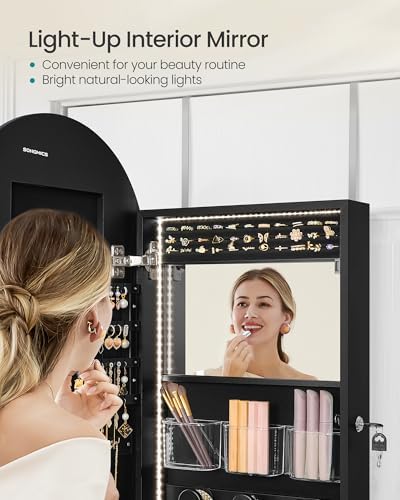 SONGMICS Wide Jewelry Organizer, Wall/Door Mounted, LED Cabinet, Lockable