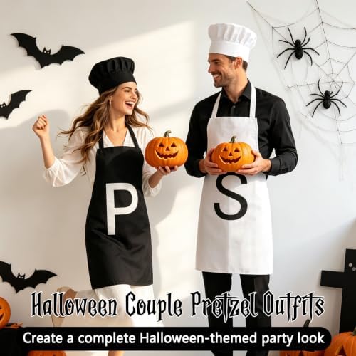 4 Pcs Salt and Pepper Costume Set for Adults - Classic Condiment Themed Couple Outfit - P & S Apron, Black & White Chef Hat - Matching Pair Costume Accessories for Adult Halloween Party