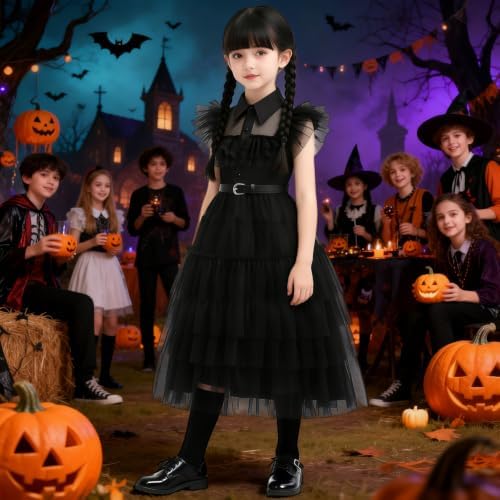 Long Black Gothic Dress Kids Girls Halloween Family Costume with Accessory