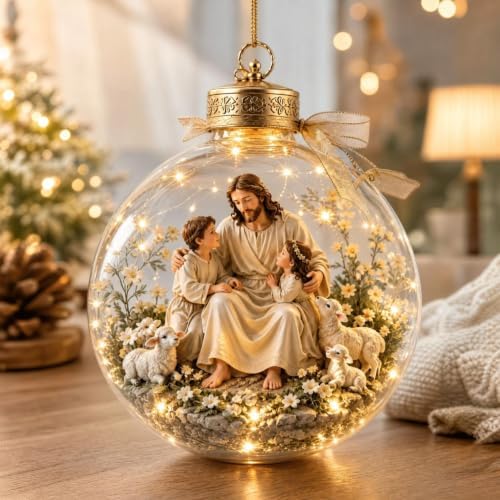 Illuminated Scripture Keepsake Ornament, Lighted Hanging Decoration with Bible Verse, Religious Themed Holiday Ornament, Transparant Ball with 2D Flat Sheet for Christmas Tree Home Display，C