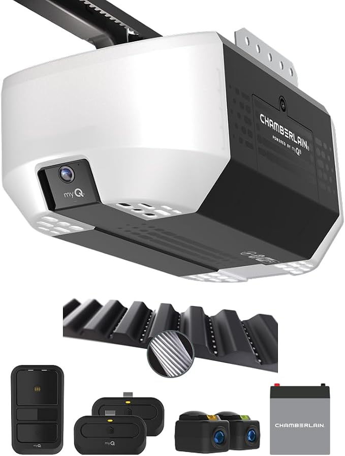 Chamberlain Belt Drive myQ Garage Door Opener, 3/4HP w/Fixed Camera | Ultra quiet belt drive, smart garage myQ integration, Includes: 2 remotes, wall control, battery backup & safety sensors