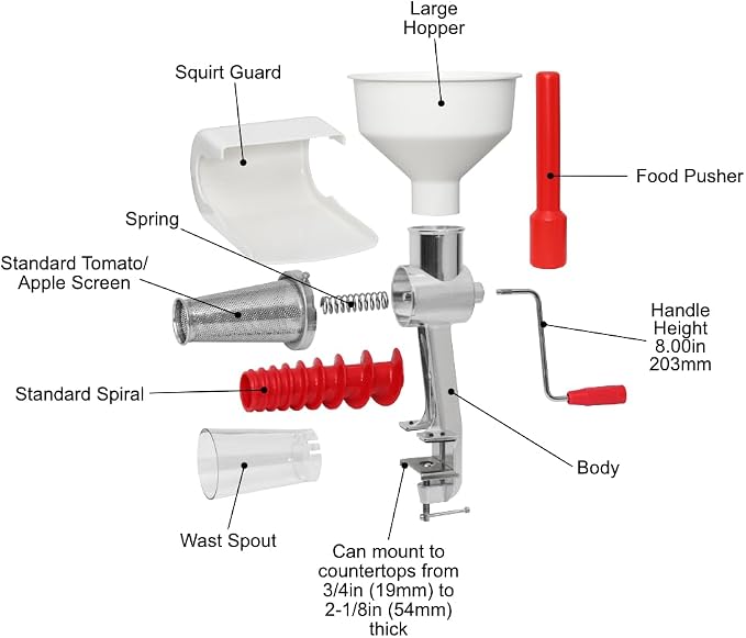 Johnny Apple Sauce Maker, Tomato Sauce Maker, Remove Skins & Seeds From Produce, Model 250 Clamp Based Food Strainer (Basic Strainer)