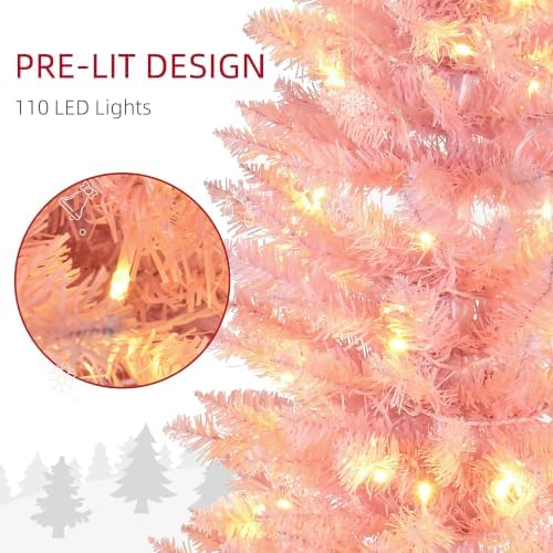 HOMCOM 5' Tall Pre-Lit Slim Artificial Pencil Christmas Tree 294 Tips Pink