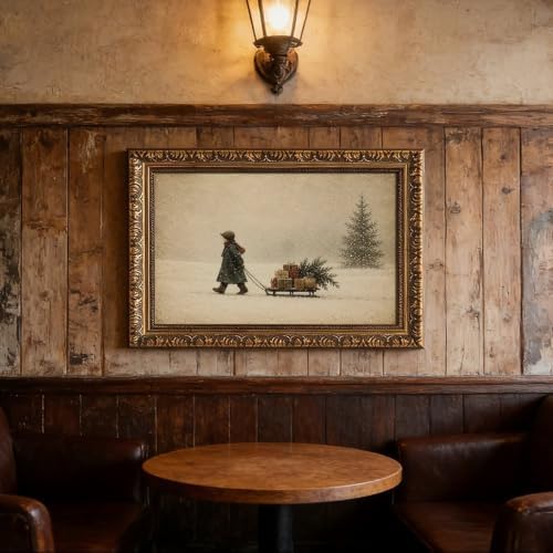 Vintage Child Sled Wrapped Boxes Evergreen Snow Christmas Canvas Wall Art